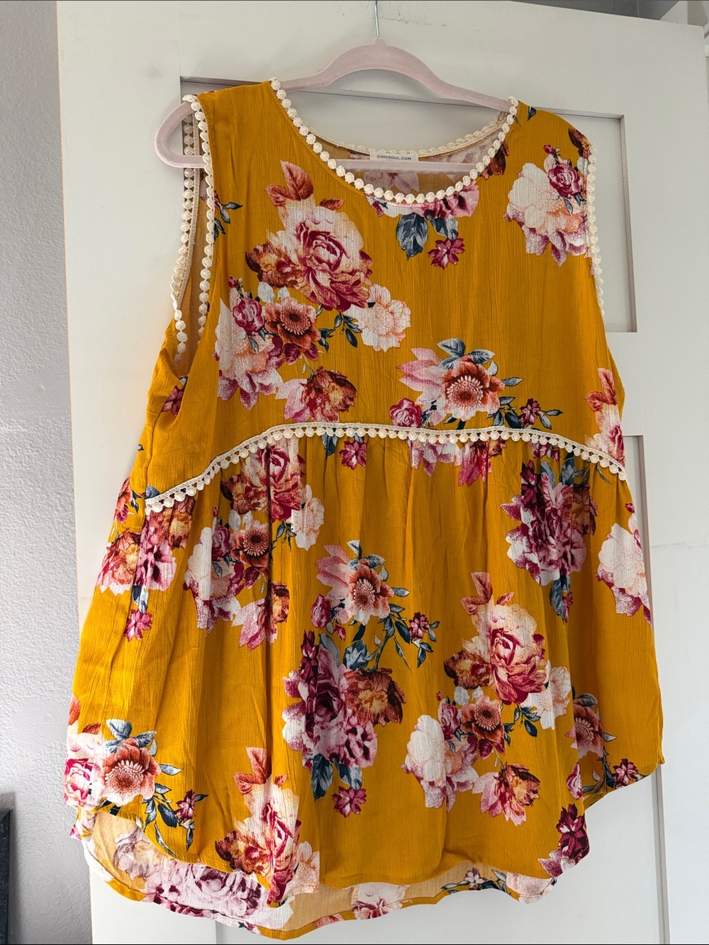 Chic Soul Mustard Floral Pom-Trim top